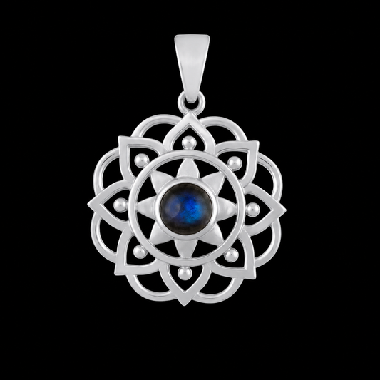 Flower Mandala Cabochon Gemstone Sterling Silver Pendant - 2 Gemstone options