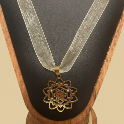 Flower Mandala Pendant with Cubic Zirconia Chakra Stones on Beige Gold Ribbon Necklace