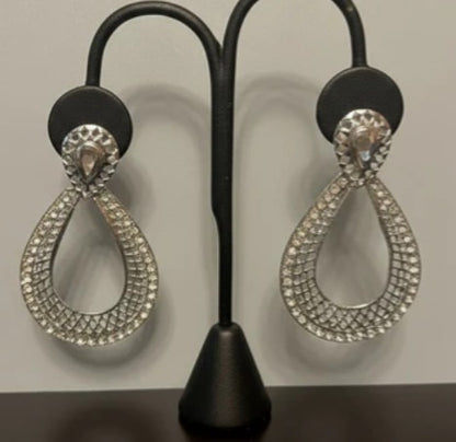 Wire Mesh with Cubic Zircon Teardrop Shaped Earrings - Silver Plated