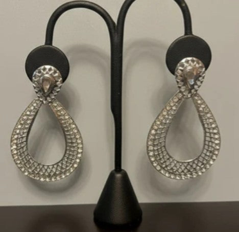 Wire Mesh with Cubic Zircon Teardrop Shaped Earrings - Silver Plated
