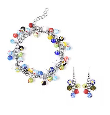 Multi Color Murano Style Adjustable Bracelet and Dangling Earrings Set