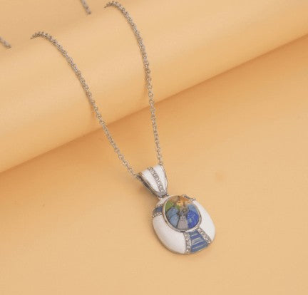 Multi Color Murano Style Austrian Crystal Enameled Pendant Stainless Steel Necklace