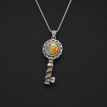 Multi Color Murano Style Austrian Crystal Key Pendant Necklace in Oxidized Stainless Steel