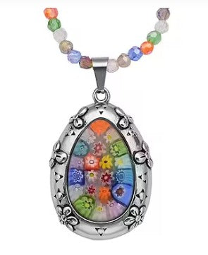 Multi Color Murano Style Oxidized Pendant with Faceted Gemstone beads Necklace