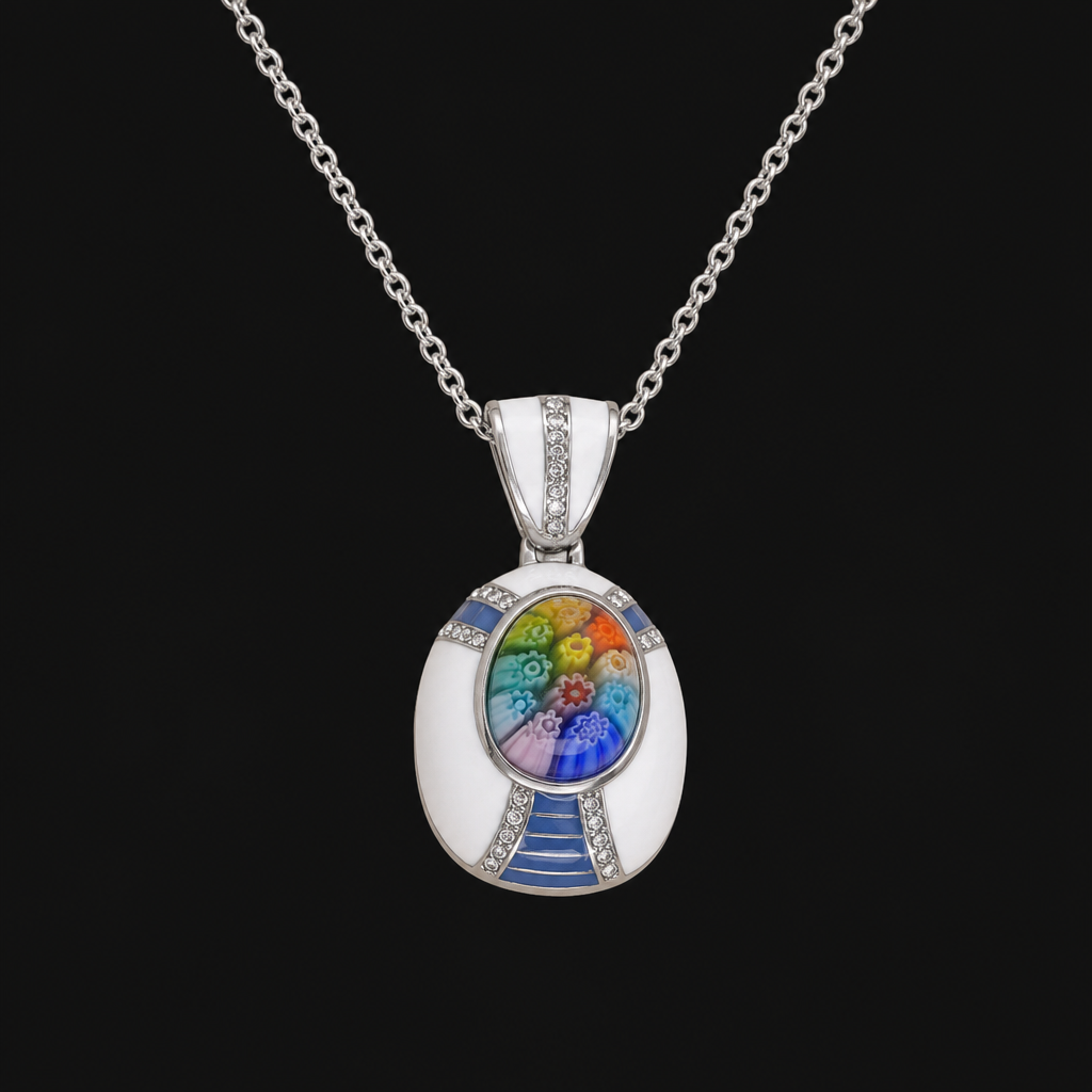 Multi Color Murano Style Austrian Crystal Enameled Pendant Stainless Steel Necklace