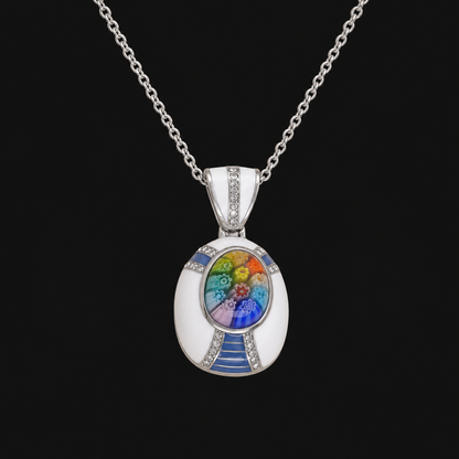 Multi Color Murano Style Austrian Crystal Enameled Pendant Stainless Steel Necklace