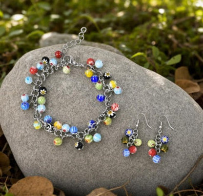 Multi Color Murano Style Adjustable Bracelet and Dangling Earrings Set