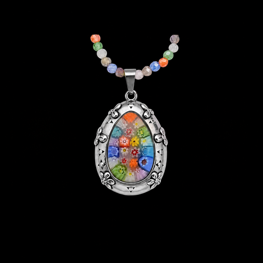 Multi Color Murano Style Oxidized Pendant with Faceted Gemstone beads Necklace