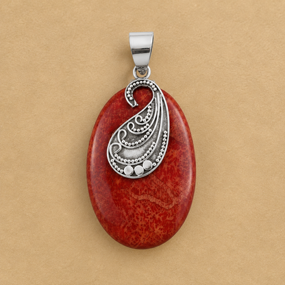 Coral Oval Shape with Paisley Work Pendant in Sterling Silver
