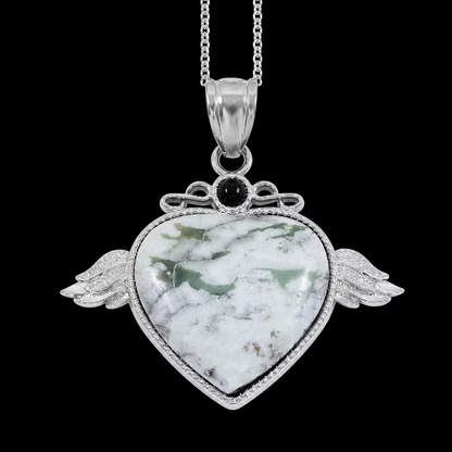 Peace Jasper and Black Onyx Heart with Wings to Fly Boho Pendant Necklace in Silvertone