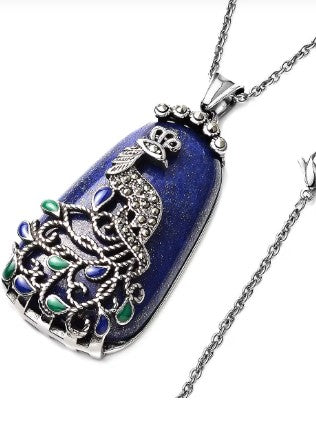Lapis Lazuli and Swiss Marcasite Enameled Peacock Pendant Boho Necklace