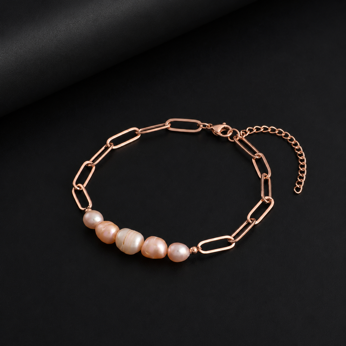 Peach Freshwater Pearl Paper Clip Chain Bracelet - Rose Gold Plated
