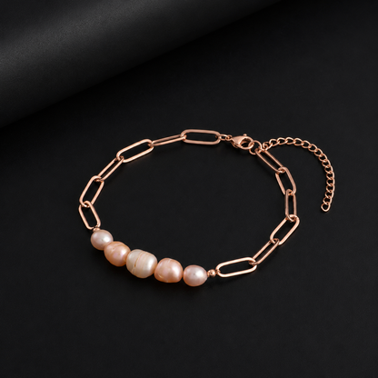 Peach Freshwater Pearl Paper Clip Chain Bracelet - Rose Gold Plated