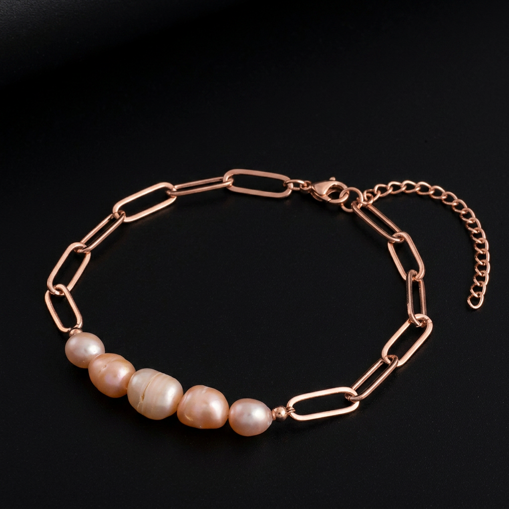 Peach Freshwater Pearl Paper Clip Chain Bracelet - Rose Gold Plated