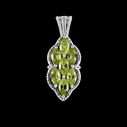 Flower Motif Marquise Cut Peridot Pendant Necklace set in Brass - Platinum Plated