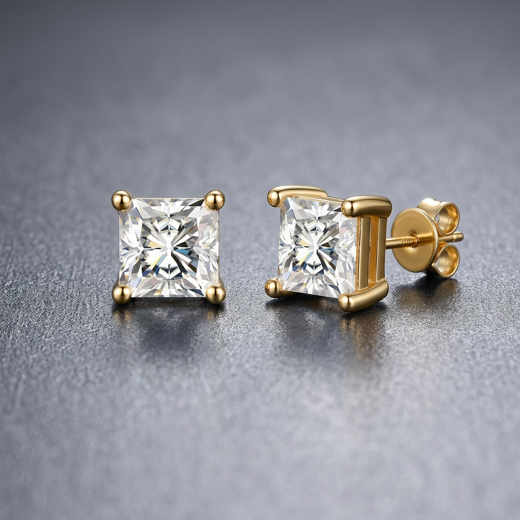 Princess Cut Cubic Zirconia Stones Set in 925 Sterling Silver Stud Earrings - Gold Plated