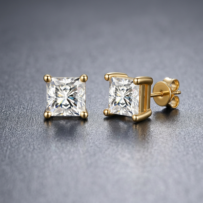 Princess Cut Cubic Zirconia Stones Set in 925 Sterling Silver Stud Earrings - Gold Plated