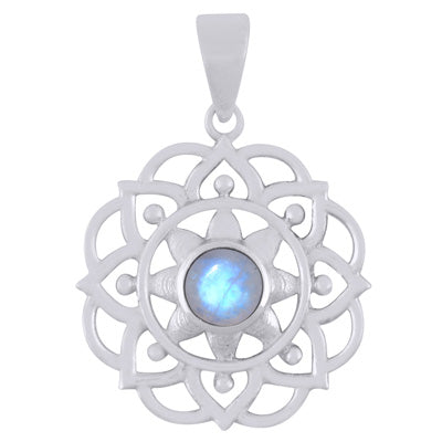 Flower Mandala Cabochon Gemstone Sterling Silver Pendant - 2 Gemstone options