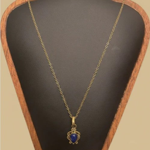 Elegant Wire Pattern with Pear Shape Cabochon Stone Brass Pendant 18" Necklace - 2 Gemstone options