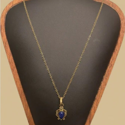 Elegant Wire Pattern with Pear Shape Cabochon Stone Brass Pendant 18" Necklace - 2 Gemstone options