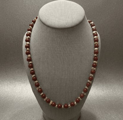 Red Agate with Gold Chip beads Classic Statement Necklace with Ribbon Closure