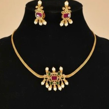Classic Red and Green Stones Gold Plated Choker Style Necklace with Earrings Set