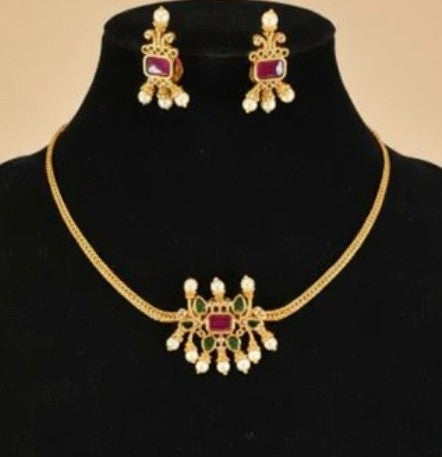 Classic Red and Green Stones Gold Plated Choker Style Necklace with Earrings Set