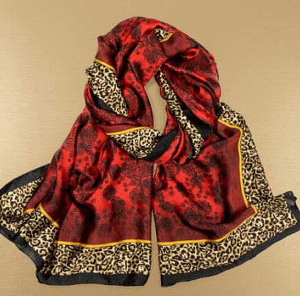 Red and Black with Leopard Trim Satin Scarf Shawl Wrap