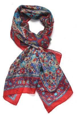Red and blue 100% Pure Silk Paisley Printed Scarf Holiday Gift