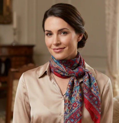Red and blue 100% Pure Silk Paisley Printed Scarf