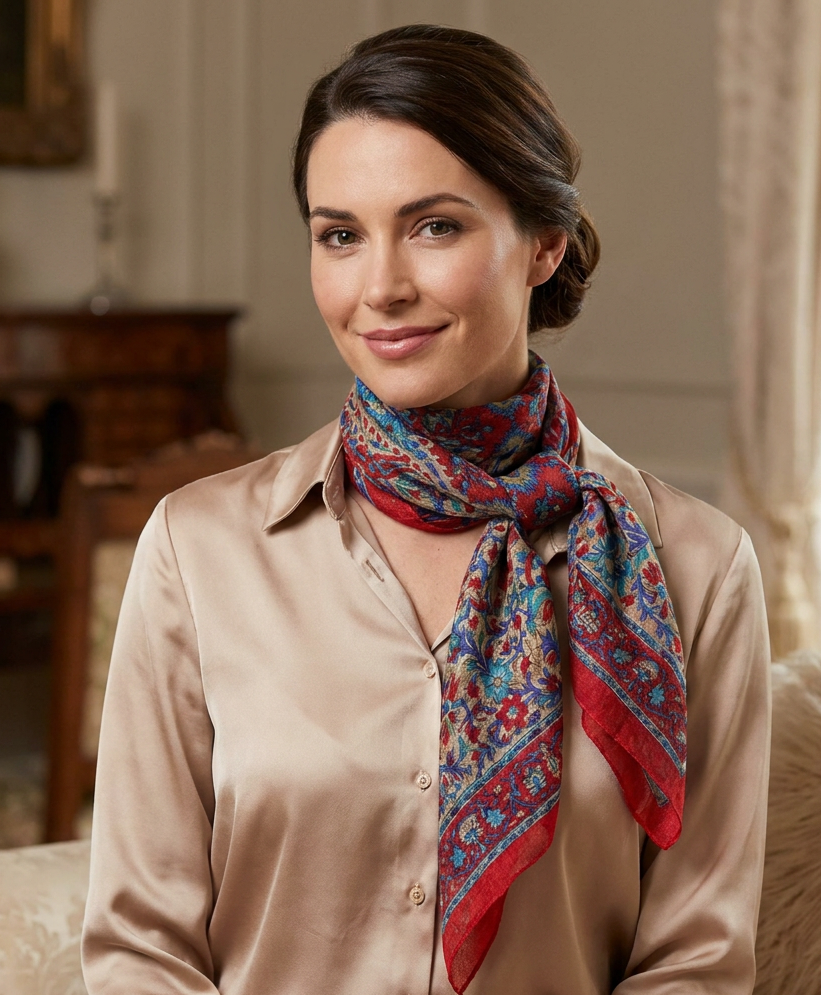Red and blue 100% Pure Silk Paisley Printed Scarf