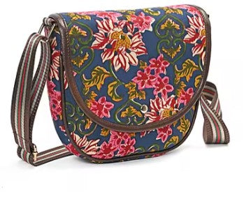 Midnight Blue Floral Print Cotton Sling Boho Crossbody Bag with Magnetic Flap Closure