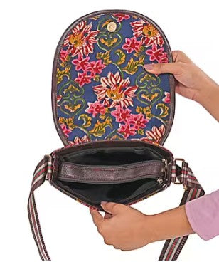 Midnight Blue Floral Print Cotton Sling Boho Crossbody Bag with Magnetic Flap Closure
