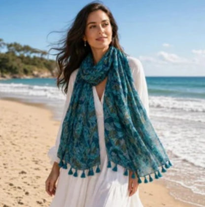 Lightweight Soft Floral Printed Blue Boho Scarf Shawl Wrap with Tassels