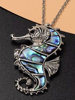 Abalone Shell and Austrian Crystal Seahorse Pendant Necklace