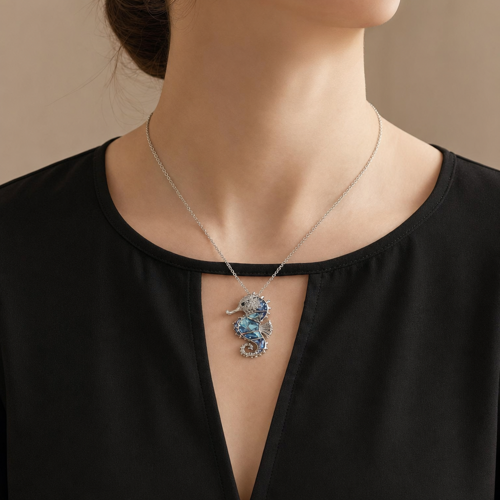 Abalone Shell and Austrian Crystal Seahorse Pendant Necklace