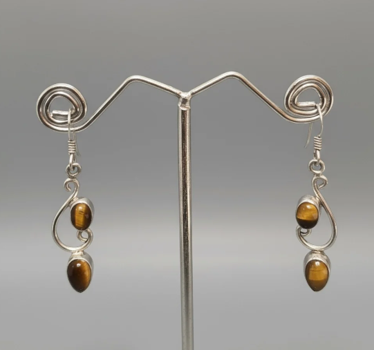Dangling Leaf with Cabochon Gemstones 925 Sterling Silver Earrings - 4 Gemstone options