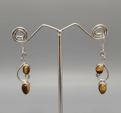 Dangling Leaf with Cabochon Gemstones 925 Sterling Silver Earrings - 4 Gemstone options