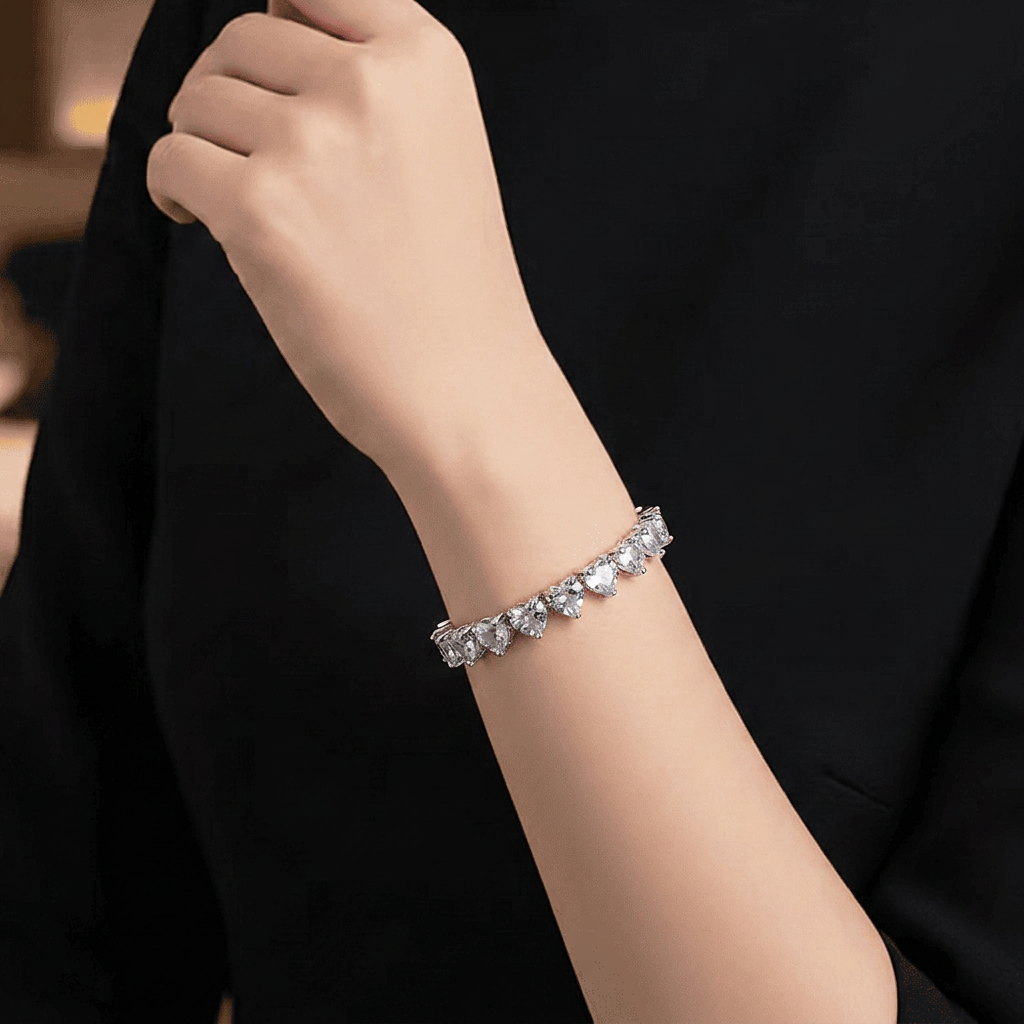 Romantic White Austrian Crystal Heart Tennis Bracelet - Silver Plated