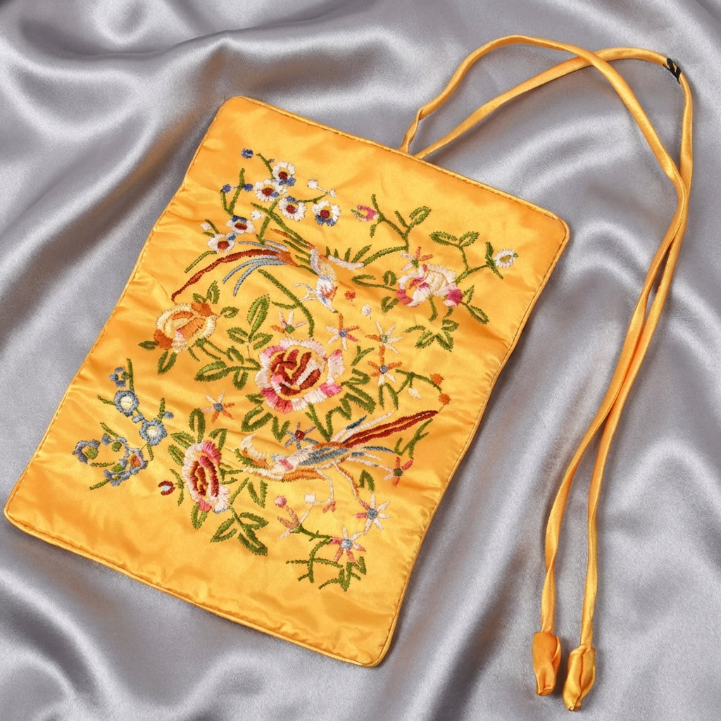 Yellow Gold Floral Embroidered Satin Travel Jewelry Roll Organizer Pouch